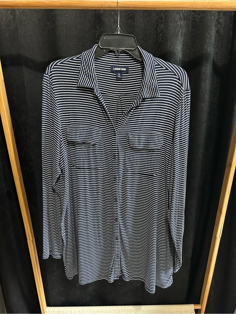 Lands' End Navy and White Striped Collared Shirt